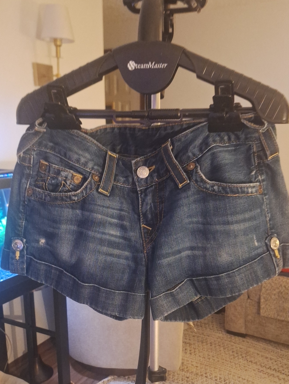 True Religion Dark Blue Washed Denim Cuffed Shorts
